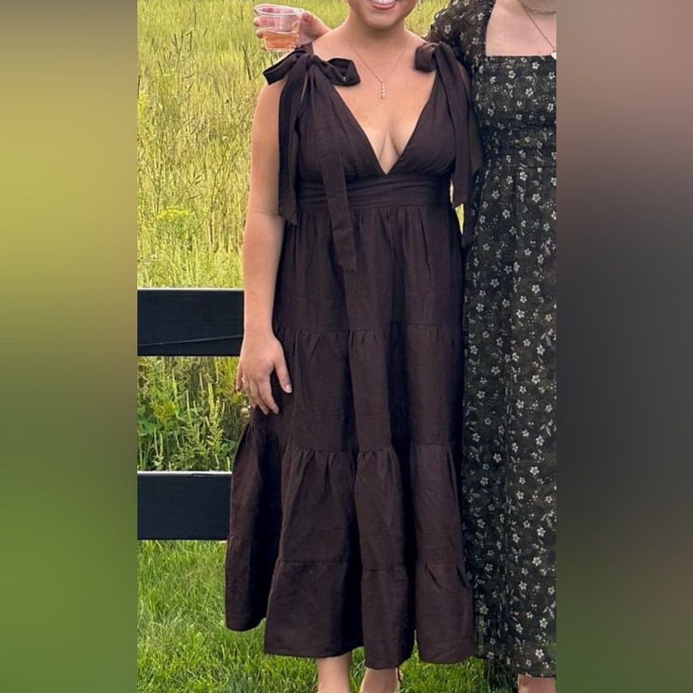 Brown plunge Maxi dress with bows
